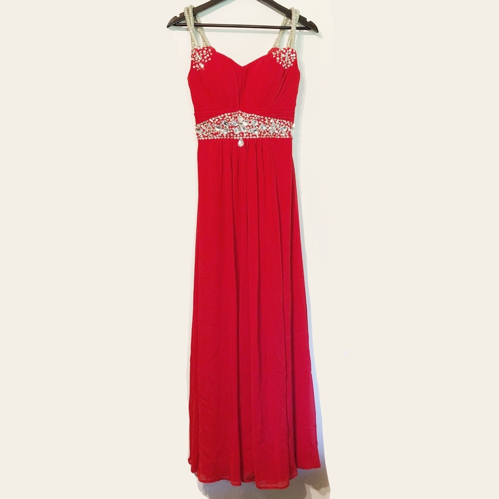 Bright Red + Silver Rhinestones Long Prom Dress